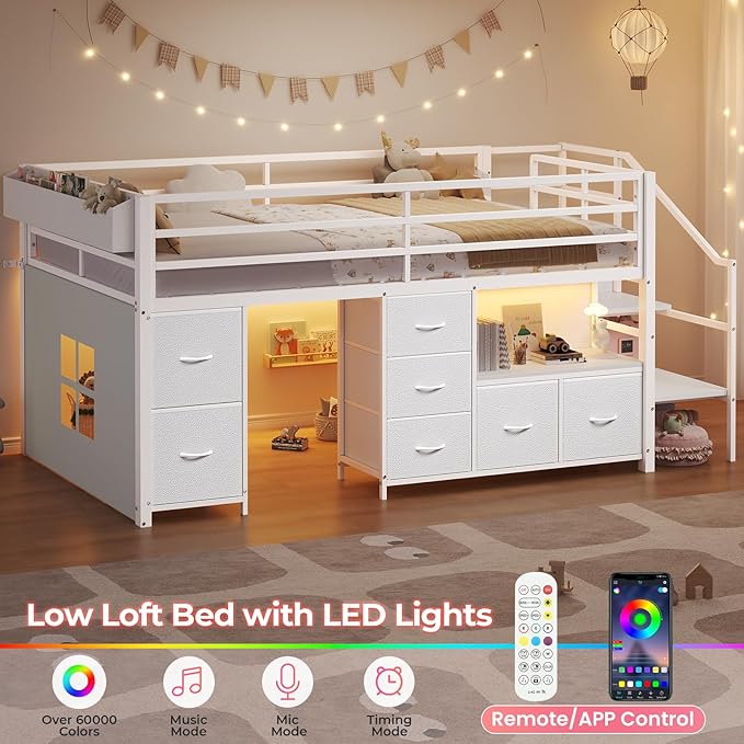 ADORNEVE Low Loft Bed Twin Size with Stairs,7 Drawers, Bookcase and LED Lights, Metal Kids Loft Bed with 14" H Safety Guardrail,Inclined Ladder and Play Curtain, Under-Bed Play Space, White