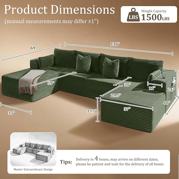 138" Cloud Sectional Couch, Comfort U Shaped Boneless Couch for Living Room, Extra Deep Seats No Assembly, Minimalist Modular Sofa, Corduroy (Olive Green, 3 Seater+Right Facing Chaise+Ottoman)