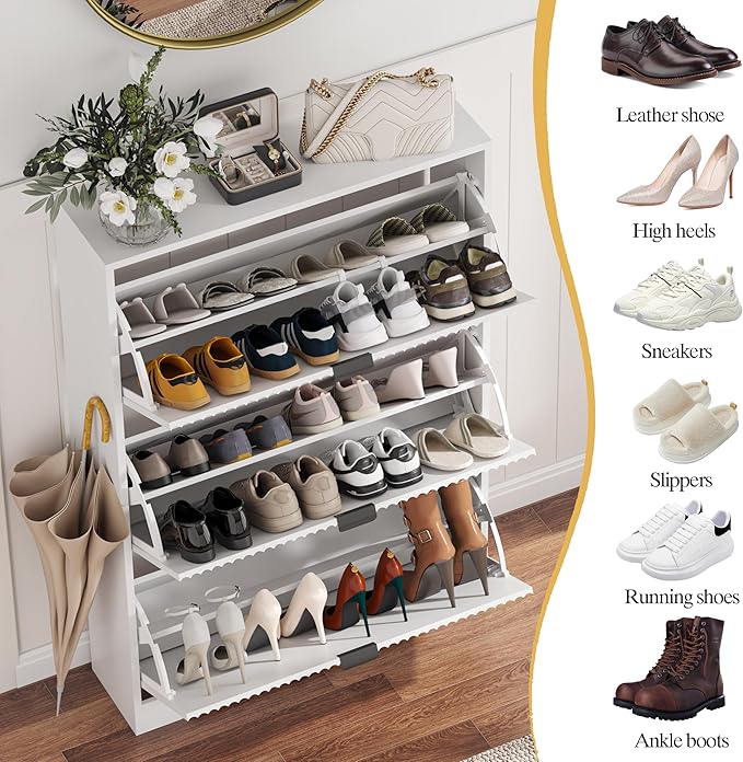 HUANLEGO Shoe Cabinet Storage for Entryway with 3 Flip Drawers, White Fluted Shoe Cabinet with Adjustable Shelves, Wooden Hidden Shoe Rack Freestanding Narrow Slim Shoes Storage for Hallway, Entrance
