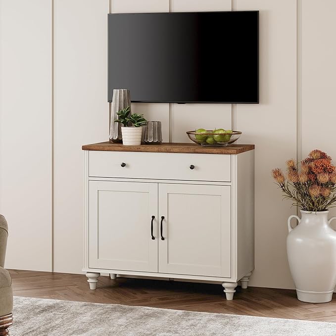 WAMPAT 34’‘ White Buffet Cabinet with Doors and Drawer, Wood Kitchen Storage Cabinet Modern Farmhouse Coffee Bar Table Sideboard Credenza for Dining Room