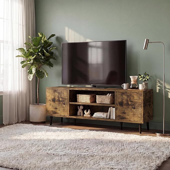 JUMMICO Mid-Century Modern TV Stand for 43-55 Inch TVs, 50 Inch Media Console with Storage, Entertainment Center with Push-Open Cabinets and Cable Management for Living Room (Rustic Brown, 50 Inches)