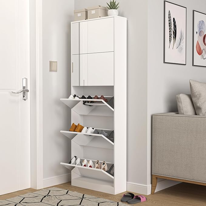 Mirror Shoe Cabinet, Hidden Shoe Storage Organizer with Flip Drawers Door, 5 Tier Free Standing Shoe Rack for Closet, Entrance