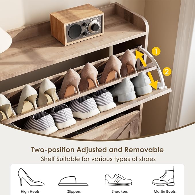 Nicetree Shoe Cabinet with 2 Flip Drawers，Freestanding Shoe Storage Cabinet, Narrow Shoe Organizer Cabinet, Farmhouse Slim Shoe Rack Cabinet for Entryway, Oak with Hook