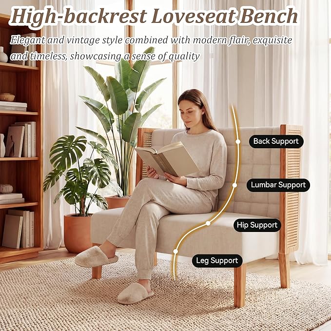 Andeworld Loveseat Settee Bench with Rattan Arms, Upholstered Modern Mini High-Back Sofa Couch,Banquette Dining Bench for Living Dining Room Bedroom Office Small Space Entryway，Beige