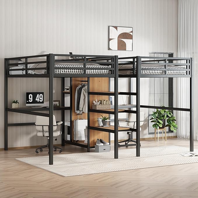 Harper & Bright Designs Twin Over Twin Loft Bed with Desk and Shelves, Metal Loft Bed with Wardrobe and Charging Station for Kids Teens, Space Saving, Noise Reduction, Black+Nature