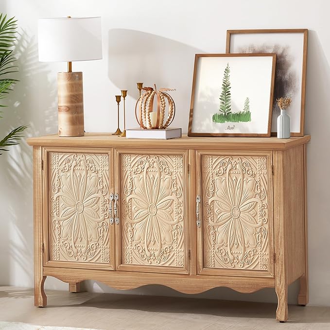 RoyalCraft Farmhouse Sideboard Buffet Cabinet with Storage, 49" Solid Wood Credenza Buffet Table Coffee Bar Wine Bar Storage Cabinet with 3 Doors for Dining Room Living Room Hallway, (Provence Grain)