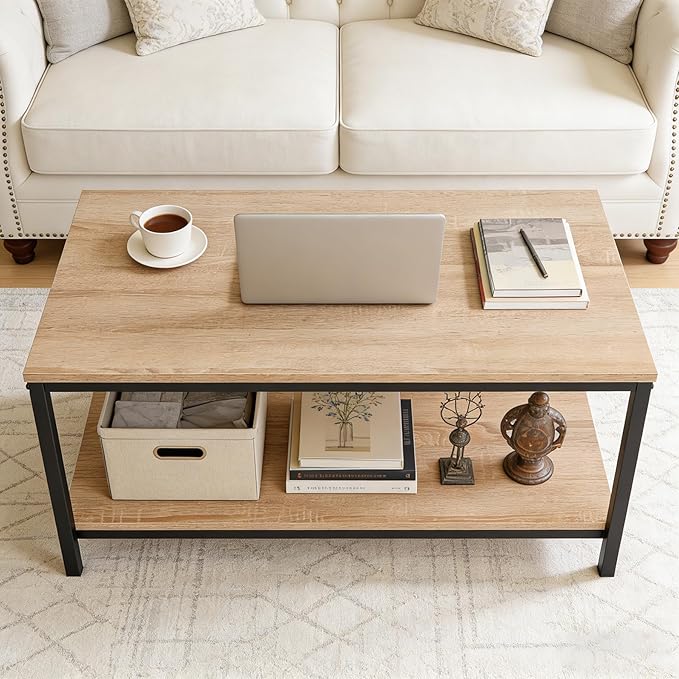 SUPER DEAL 2-Tier Industrial Coffee Table with Storage Shelf for Small Apartment Living Room, Rectangle Wood and Stable Metal TV Stand Side End Table, Natural Oak