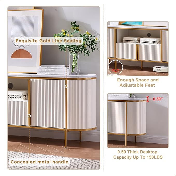 OKD 70" Fluted TV Stand with Storage, Faux Marble Top Entertainment Center for TVs Up to 80", Modern Curved Edge Media Console Cabinet for Living Room, Off White