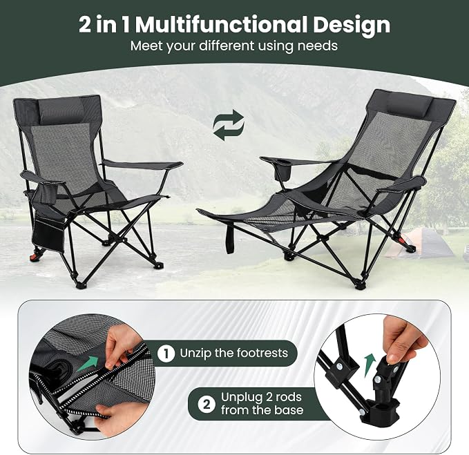 Tangkula Reclining Camping Chair Set of 2, 2 in 1 Porable Folding Lawn Chair with Removable Footrest, 4-Position Adjustable Backrest, Cup Holder & Side Pocket, Carry Bag