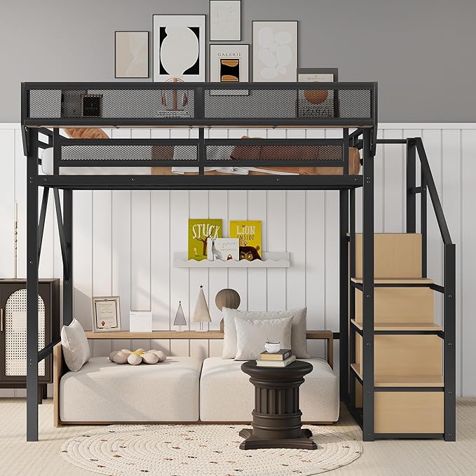KEIKI Full Size Metal Loft Bed Frame with Convertible Staircase, Built-in Storage Shelves and Wardrobe, Loft Bed with Solid Slats, Guardrail, No Box Spring Required, Easy Assembly, for Bedroom, Black