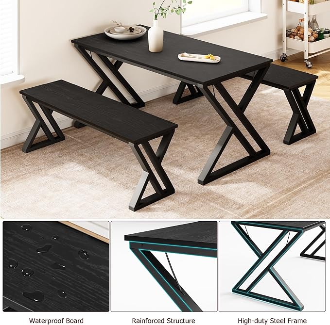 GAOMON Dining Table Set for 4, Kitchen Table with Sturdy Metal Frame, Rectangular Dining Room Table Set with 2 Benches, Saving Space for Kitchen, Dining Room, Apartment, 44.8", Black