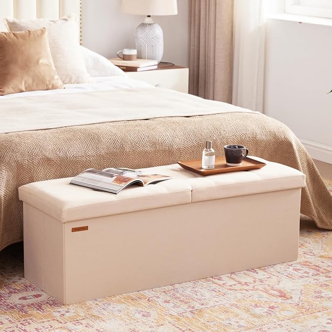 HAUSFRAU Storage Ottoman Bench with Flipping Lid, 43.3 Inches Storage Chest Footsrest, Folding Foot Stool for Entryway, Living Room, Bedroom, Linen Beige