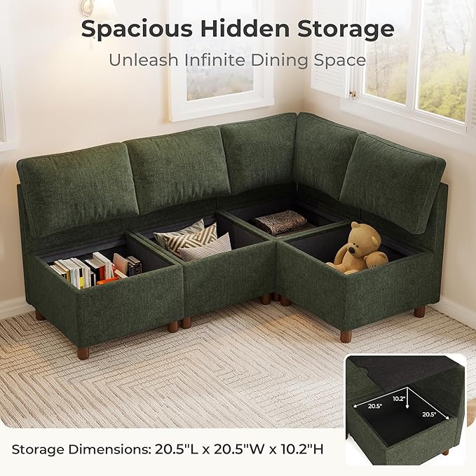 SITJOY Breakfast Nook Bench with Storage, Modular Corner Kitchen Banquette Seating, Dining Settee Couch, Upholstered Dining Bench with Back, Soft-to-Touch Fabric in Green, 4-Seat L Shaped Nook