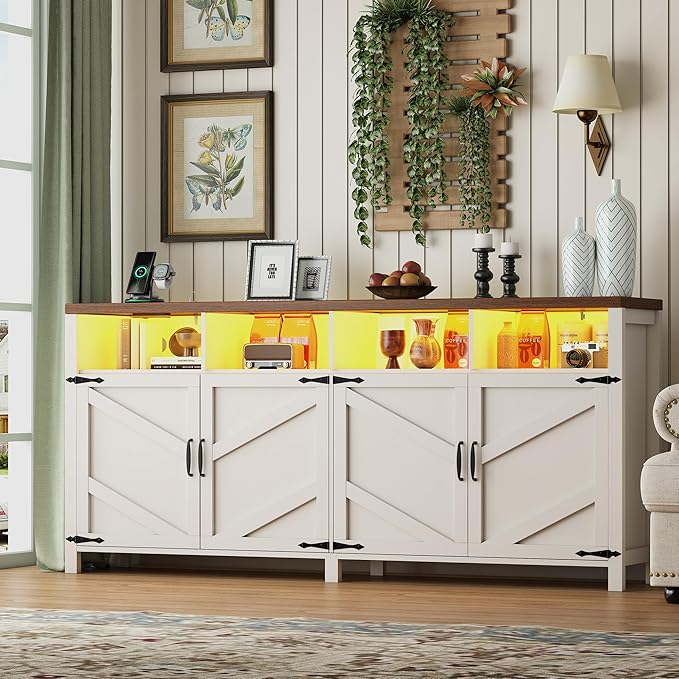 knoworld 63'' Buffet Sideboard with Storage with Power Outlets & LED Light 4 Doors, Large Farmhouse Kitchen Storage Cabinet Wood Coffee Bar Cabinet Buffet Table for Kitchen, Dining Room, Entryway