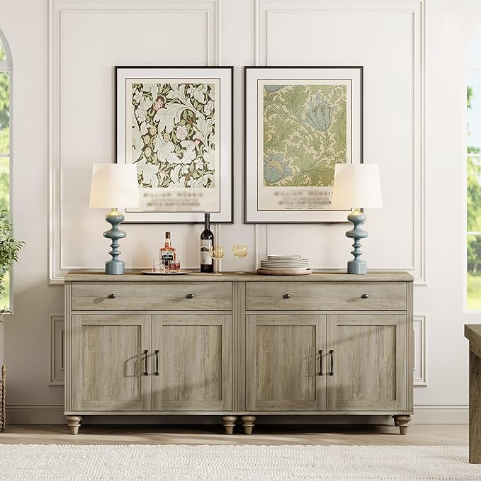 WAMAPT Buffet Cabinet with 4 Doors and 2 Drawers, Large Coffee Bar Table Wood Kitchen Storage Cabinets with Storage Cabinets, Modern Farmhouse Sideboard Credenza for Dining Room, Wash Grey, 68 inch