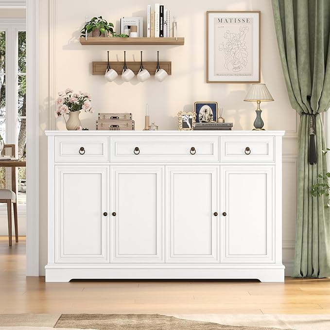 FINETONES Buffet Cabinet with Storage, 52.7" Large Sideboard Buffet Cabinet, White Kitchen Cabinet with 3 Drawers and 4 Doors, Wood Coffee Bar for Kitchen Dining Room, White