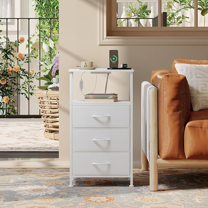 Somdot White Nightstand with Charging Station and LED Light for Bedroom, Tall 3 Drawers Dresser with Fabric Bins for Bedside Kids Dorm Room Closet Laundry Entryway, White Leather