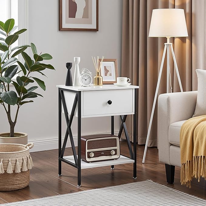 VECELO Nightstands Set of 2, Modern Bedside End Tables, Night Stands with Drawer and Storage Shelf for Living Room Bedroom, Industrial Metal Frame