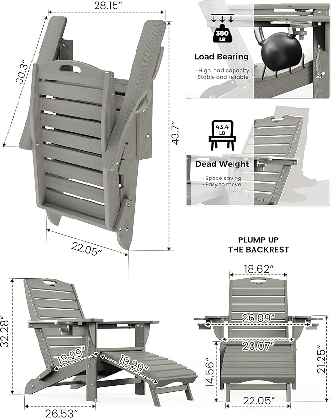 Ciokea Folding Adirondack Chair with Retractable Ottoman Fire Pit Patio Chair with Pull Out Foot Rest Weather Resistant Lawn Outdoor Lounge Chair with 2 Cup Holder (Grey)