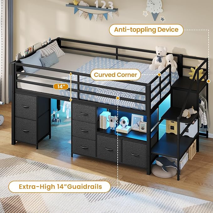 ADORNEVE Low Loft Bed Twin Size with Stairs,7 Drawers, Bookcase and LED Lights, Metal Kids Loft Bed with 14" H Safety Guardrail,Inclined Ladder and Play Curtain, Under-Bed Play Space, Black