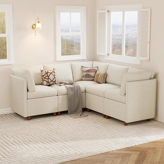 SITJOY Breakfast Nook Bench with Storage, Modular Corner Kitchen Banquette Seating, Dining Settee Couch, Upholstered Dining Bench with Back, Soft-to-Touch Fabric in Beige, 5-Seat L Shaped Booth