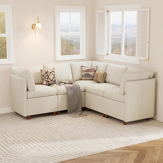 SITJOY Breakfast Nook Bench with Storage, Modular Corner Kitchen Banquette Seating, Dining Settee Couch, Upholstered Dining Bench with Back, Soft-to-Touch Fabric in Beige, 5-Seat L Shaped Booth