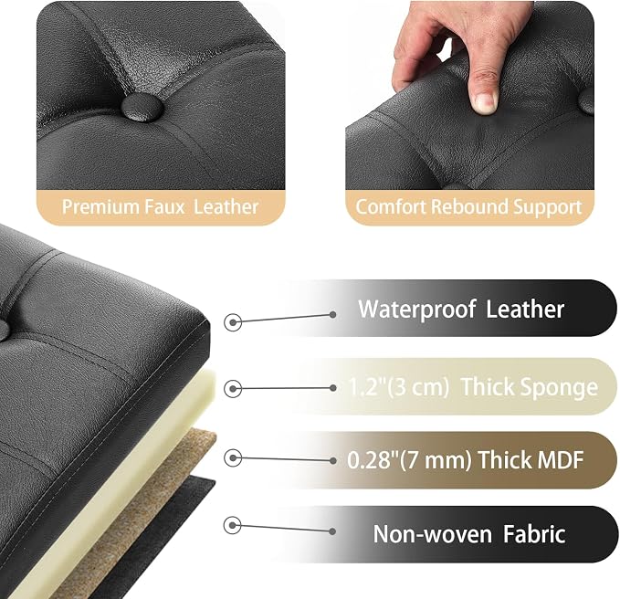 Bsketa Storage Ottoman Bench with Folding Lid Ⅲ, Foot Stools Opens on Both Ends, Footrest Foldable Leather Chest for Living Room, Bedroom, Entryway, End of Bed Storage Blanket Ottomans Black