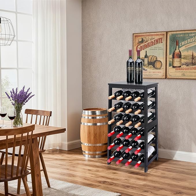 Wine Rack Free Standing Floor, 6-Tier 24 Bottles Display Wine Storage Shelves with Table Top, Easy-Assembly Freestanding Bamboo Wine Racks for Kitchen Dining Room Bar, Black