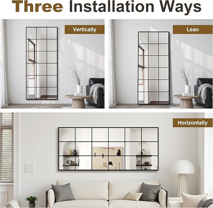 Window Mirrors for Wall Decor, Large Wall Mirrors Decorative Window Pane 30 x 70, Rectangular Metal Framed Wall Mounted Mirrors for Bedroom, Living Room, Dining Room, Entryway, Bathroom
