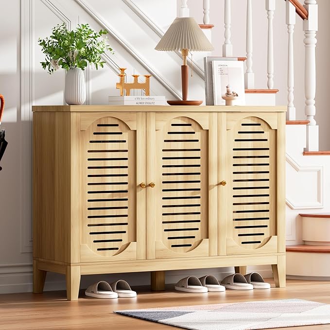 Vlsrka Shoe Cabinet with 3 Doors, Narrow Wooden Shoe Cabinet, Hidden Shoe Storage for Entryway, Foyer, Hallway (Brown C)