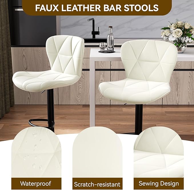 Nalupatio Modern Bar Stools Set of 4, Adjustable Faux Leather Upholstered Swivel Bar Stools, Counter Bar Chairs with Back for Kitchen Island, Cream White