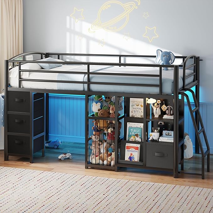 Low Loft Bed Twin Size with 4 Storage Drawers and LED Lights, Twin Loft Bed with Sling Bookcase & Toy Storage, Kids Twin Beds with Anti-Collision Pad & Play Curtain, Under-Bed Play Space, Black