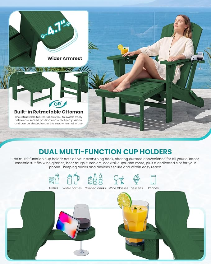 SERWALL Folding Adjustable Adirondack Chair with Footrest, HDPE Outdoor Chair with Dual Cup Holders, All Weather Adirondack Chair with Ottoman, Green