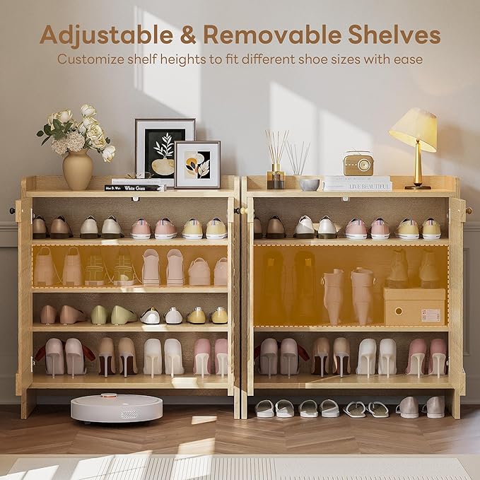 LIKIMIO Shoe Cabinet with Adjustable Shelves, 4-Tier Shoe Storage Cabinet with Slatted Doors, Freestanding Wooden Shoe Cabinet Storage for Entryway, Hallway, Living Room, Oak Natural