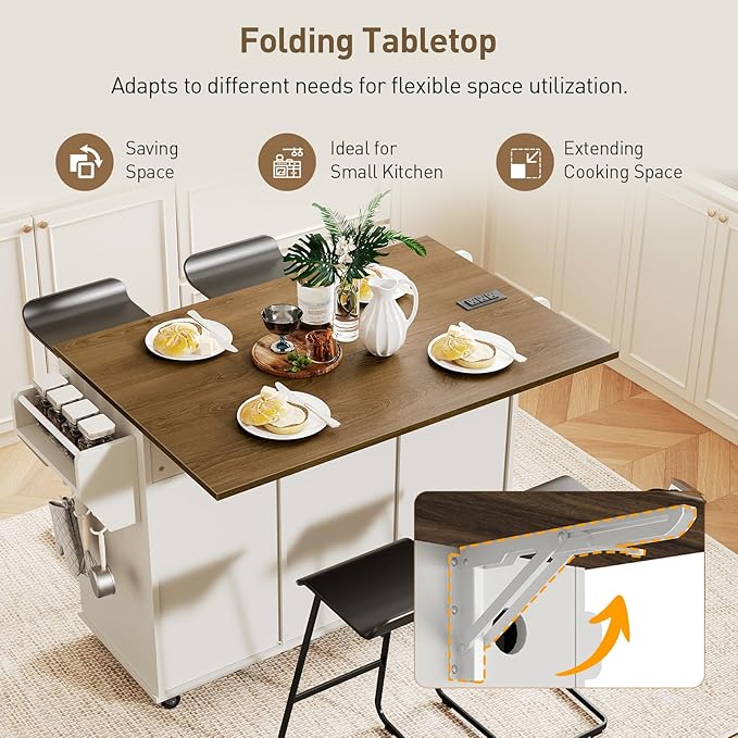 RALGEND Kitchen Island with Storage, Kitchen Rolling Island on Wheels with Power Outlet & Drop Leaf, Kitchen Island Cart with Drawer and Spice Rack, Mobile Island Table for Kitchen,White and Walnut