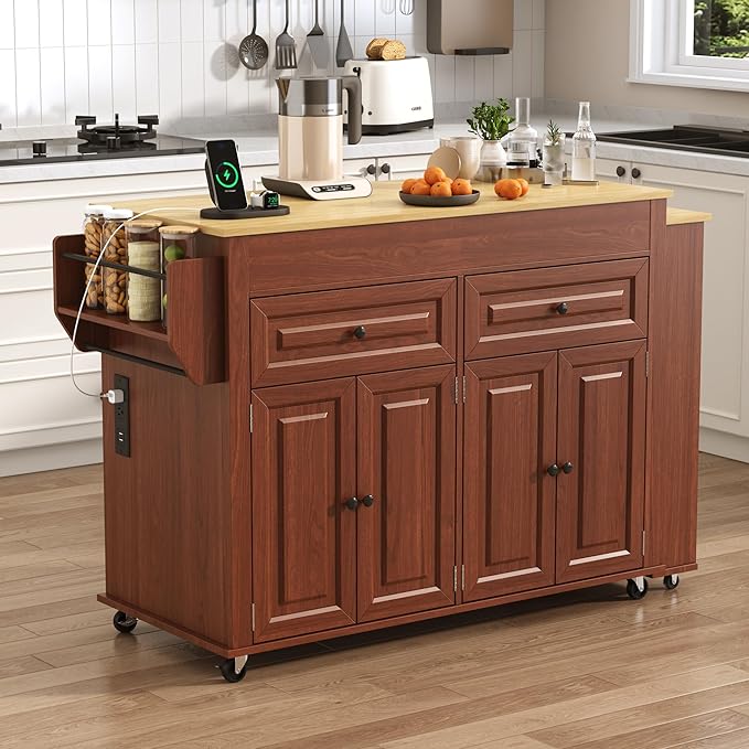 80"-48" Extendable Kitchen Island with Extended Dining Table and Power Outlet,Large Mobile Kitchen Storage Islands with 2 Storage Drawers,Rolling Islands Cart with 3 Extra Rows Open Shelves(Brown)