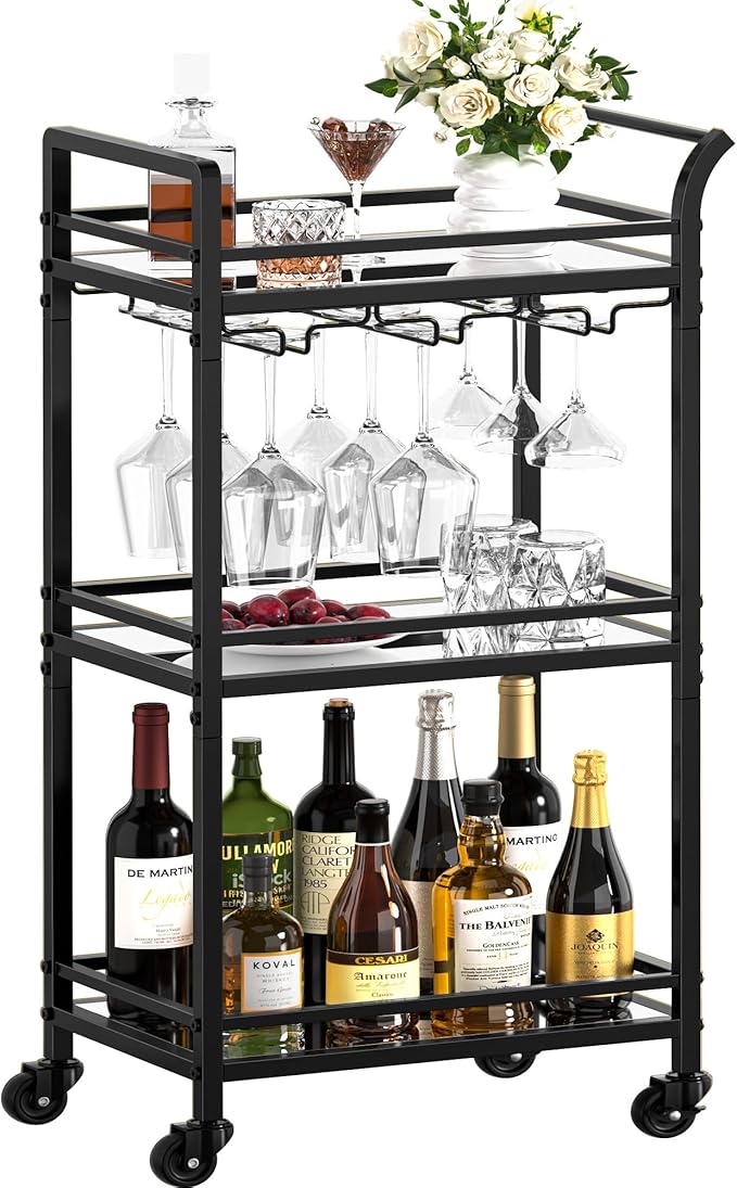 Black Small Bar Cart with 3-Tier Mirrored Shelf, Glass Holders for Kitchen, Dining Room, Living Room - Drink Cart on Wheels with Wine Glass Rack