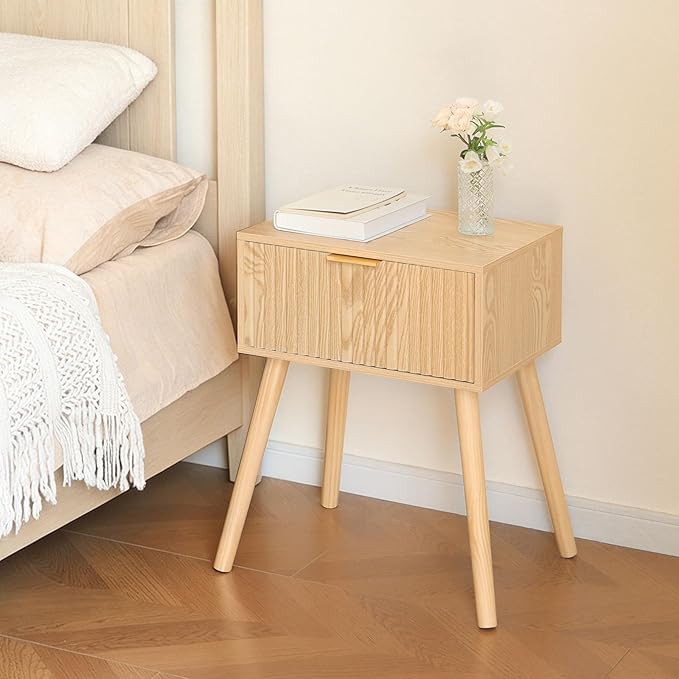 AWASEN Fluted Nightstand, Small End Tables Living Room, Wood Bedside Side Table with Storage Drawer for Bedroom and Small Space, Natural