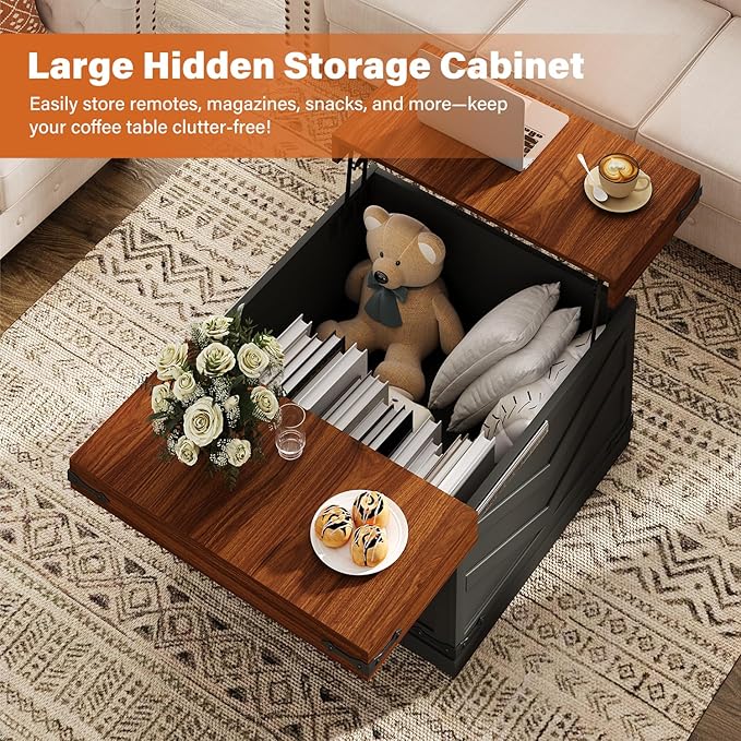 UNIQUITE 31.5'' Lift Top Coffee Table, Sliding Top Square Center Table with Large Hidden Storage Organizer, Multi-Functional Farmhouse Coffee Tables for Living Room, Bedroom, Home Office, Black