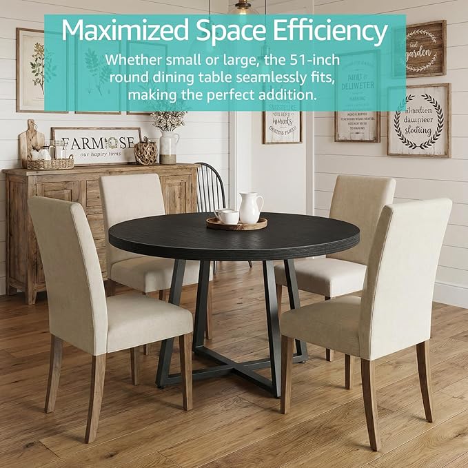 NUTIKAS 42 Inch Round Dining Table for 4, Modern Black Wood Grain Kitchen Table with Cross Metal Legs, Circular Industrial Dinner Table for Small Spaces, Breakfast Nook, Apartment, Office