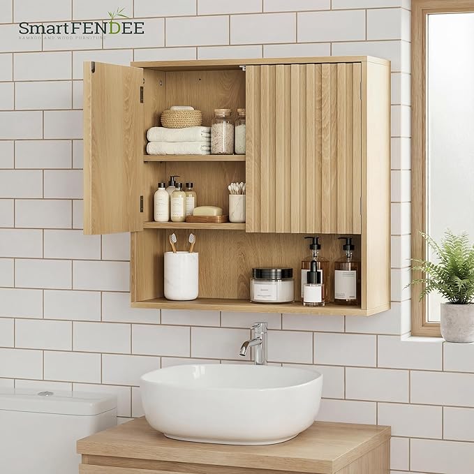 Smart FENDEE Bathroom Wall Storage Cabinet with Fluted Doors, Medicine Cabinet with Adjustable Shelf, Over The Toilet Storage Cabinet for Laundry Room & Kitchen & Living Room, Natural