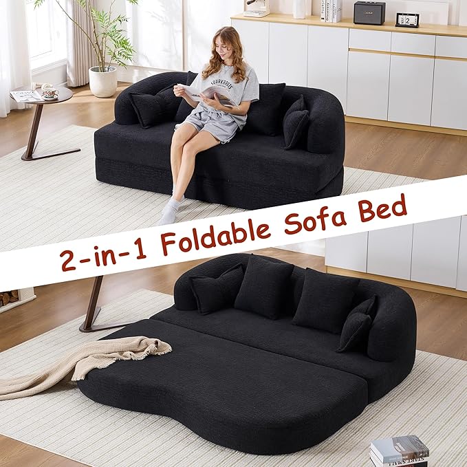 70" Convertible Sofa Bed, 2-in-1 Boneless Sleeper Sofa, Soft Chenille Folding Sofa Loveseat with 4 Pillows, Love Seat Small Couch for Small Spaces, Living Room, Bedroom, No Assembly