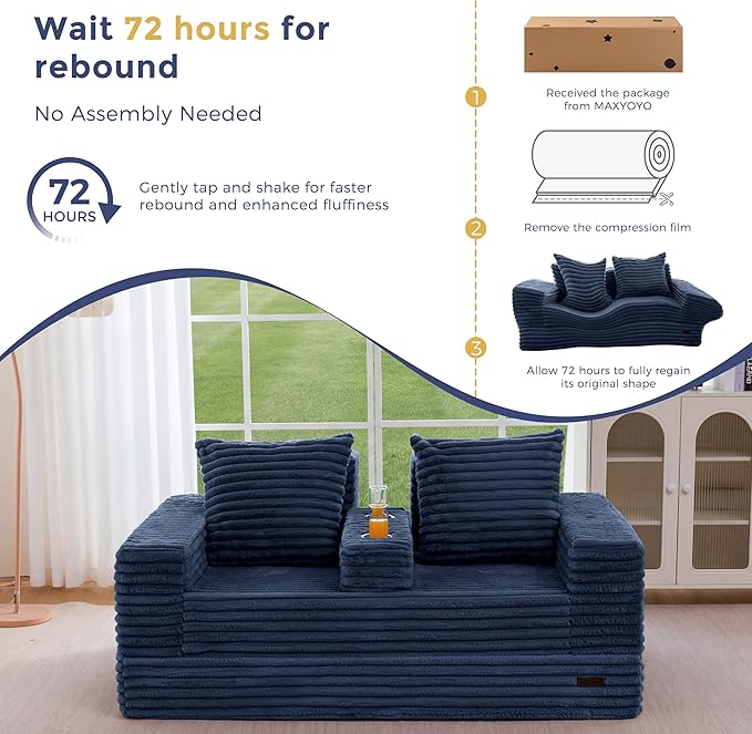 MAXYOYO Loveseat Sofa Bed, Striped Faux Fur Foldable Floor Sofa Couch in A Box, 4 in 1 Convertible Boneless Couch with 2 Cup Holders, Folding Recliner Sleeper Chair, No Assembly Required, Navy