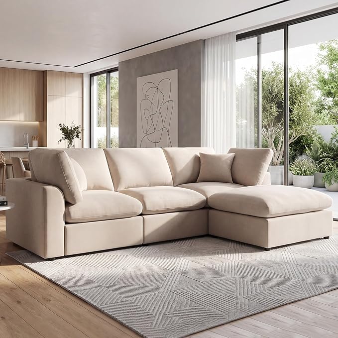 Modular Cloud Sectional Couches for Living Room, Large Modular Sectional Sofa with Ottoman, L Shaped 3 Seater Couch with Pillow, Beige - Chenille