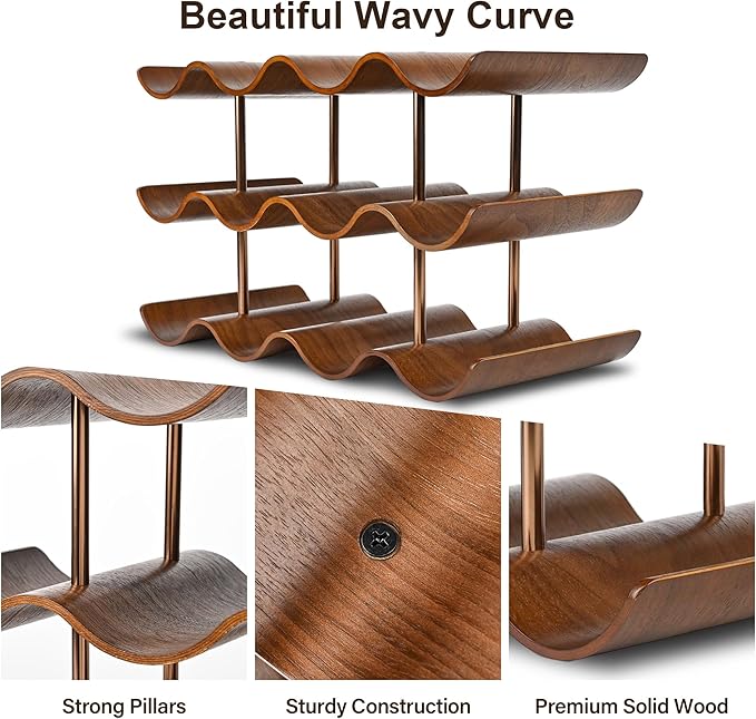 Countertop Wine Rack - 12 Bottle Freestanding Wine Bottle Holder Stand - 3 Tier Wooden Wine Storage Rack - Walnut Wavy Wine Organizer for Cabinet Pantry Home Kitchen Bar