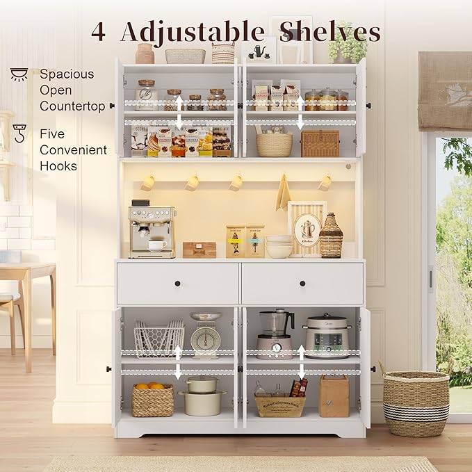 71" Kitchen Pantry Cabinet with Charging Station, Pantry Storage Cabinet Farmhouse Kitchen Hutch with Microwave Stand, Coffee Bar Station with Doors and Adjustable Shelves for Kitchen, White