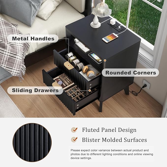 LYNCOHOME Fluted Nightstand with Charging Station, 19.7 inch Wide End Table with 2 Drawers, Modern Wood Bedside Table for Bedroom, Night Stand Set of 2, Black