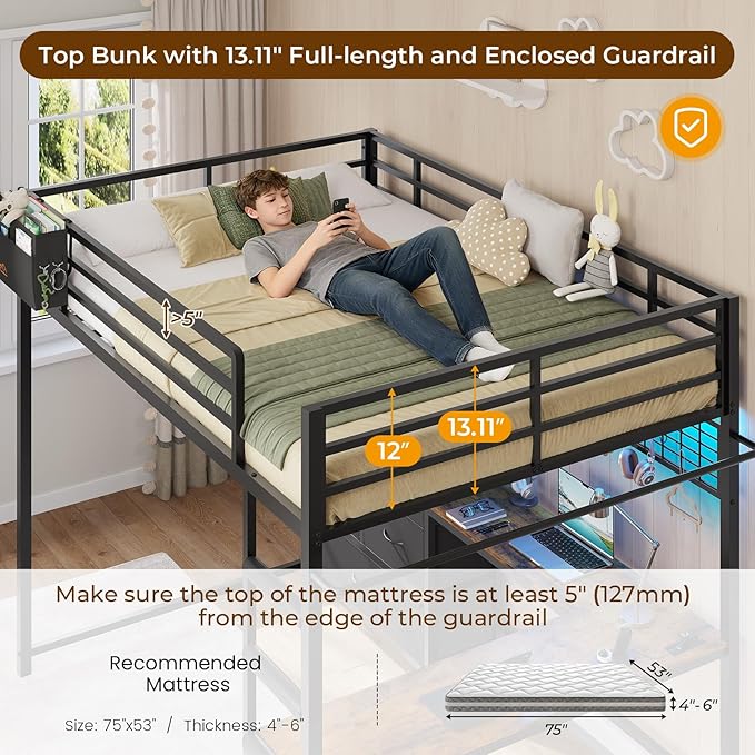 DICTAC Full Loft Bed with L-Shaped Desk and 7 Storage Drawers,Metal Full Size Loft Bed for Teen with LED Lights and Charging Station,13.11" H Safety Guardrail and Ladder,No Box Spring Needed, Black