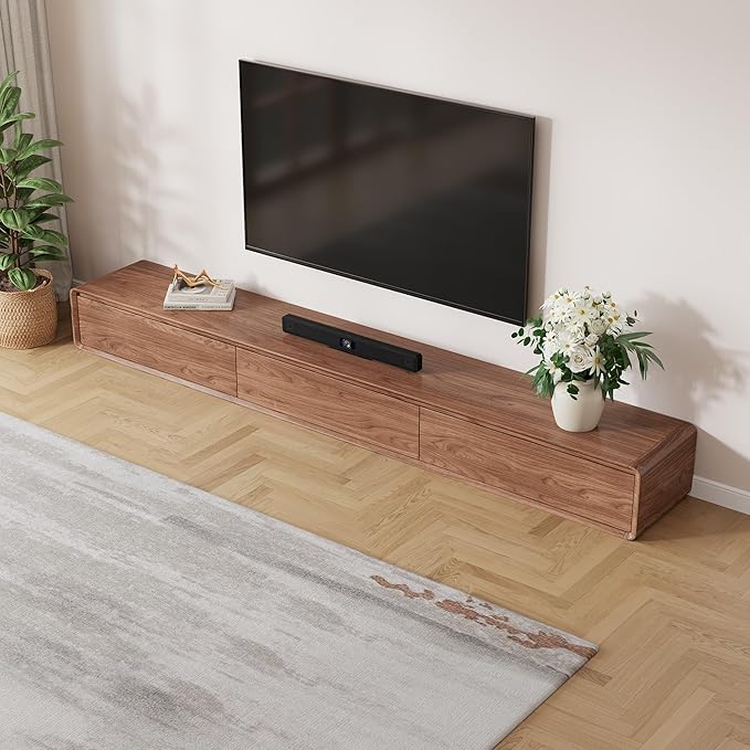 Floor Base TV Stand, Mid-Century Modern Media Console with 3 Storage Drawers, Fits 65–100 Inch TVs, Low Profile Entertainment Center(Walnut, 78.74", Floor Standing (Full Base))