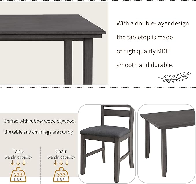 Harper & Bright Designs Dining Room Table and Chairs with Bench, Rustic Wood Dining Set, Set of 6 (Gray)